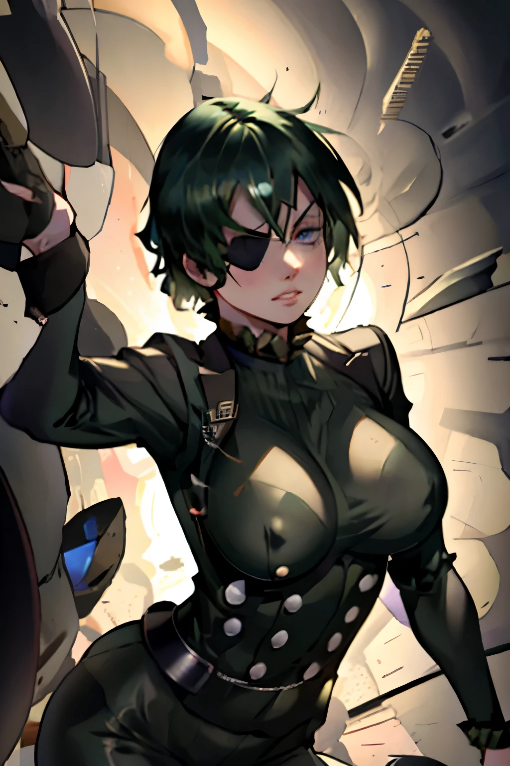 1girl, ultra-detailed, (best quality,4k,8k,highres,masterpiece:1.2),extremely detailed face, detailed eyes, beautiful detailed lips, green hair, red eyes, eyepatch, huge breasts, large breasts, thick breasts, sexy, sensual, (milf:1.1), perverted, 2d anime style, intricate details, soft lighting, dynamic pose, dramatic lighting, cinematic composition, vibrant colors
