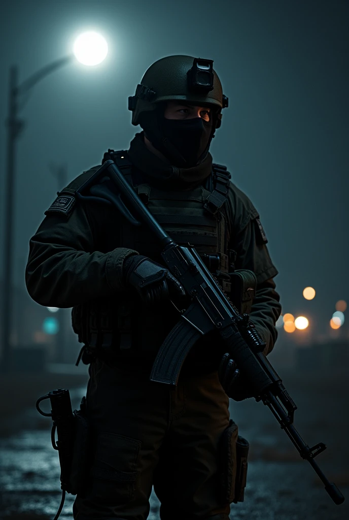 A ak47 rifle with a fighter men standing in the dark night