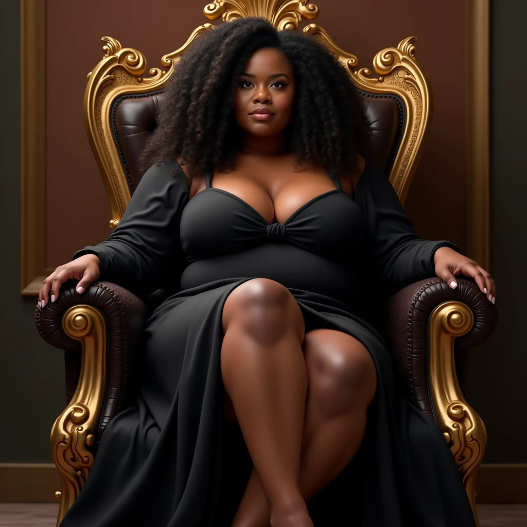 (photorealism:1.2 plus size dark skin ebony melanin curvaceous woman exuding power and authority with a findom persona sitting in throne chair full view f body and beatiful teet and toes