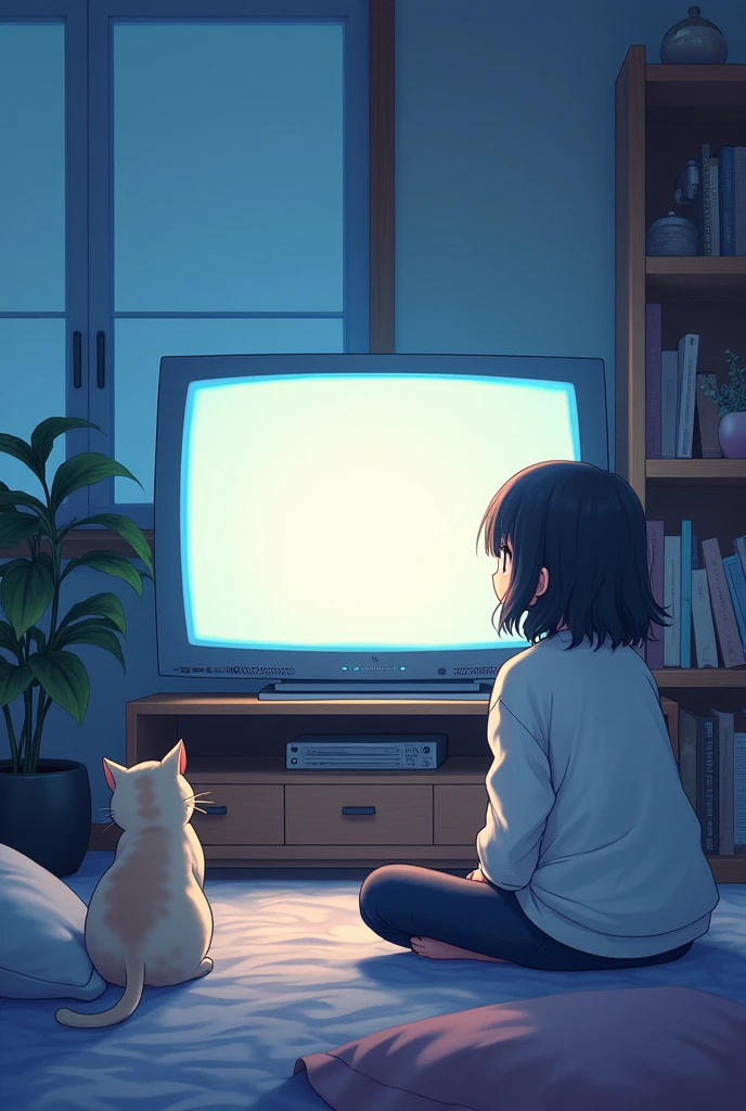 anime character sitting in front of a tv with a cat, lofi artstyle, japanese animation style, lofi girl, today's featured anime still, painted in anime painter studio, official art, artwork in the style of guweiz, inspired by Kim Jeong-hui, lofi art, anime vibes, screenshot from the game, immensely detailed scene, lofi feel