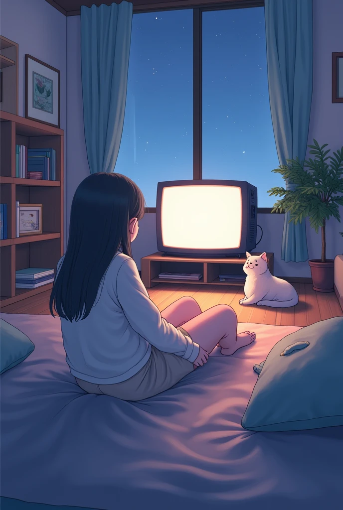 anime character sitting in front of a tv with a cat, lofi artstyle, japanese animation style, lofi girl, today's featured anime still, painted in anime painter studio, official art, artwork in the style of guweiz, inspired by Kim Jeong-hui, lofi art, anime vibes, screenshot from the game, immensely detailed scene, lofi feel