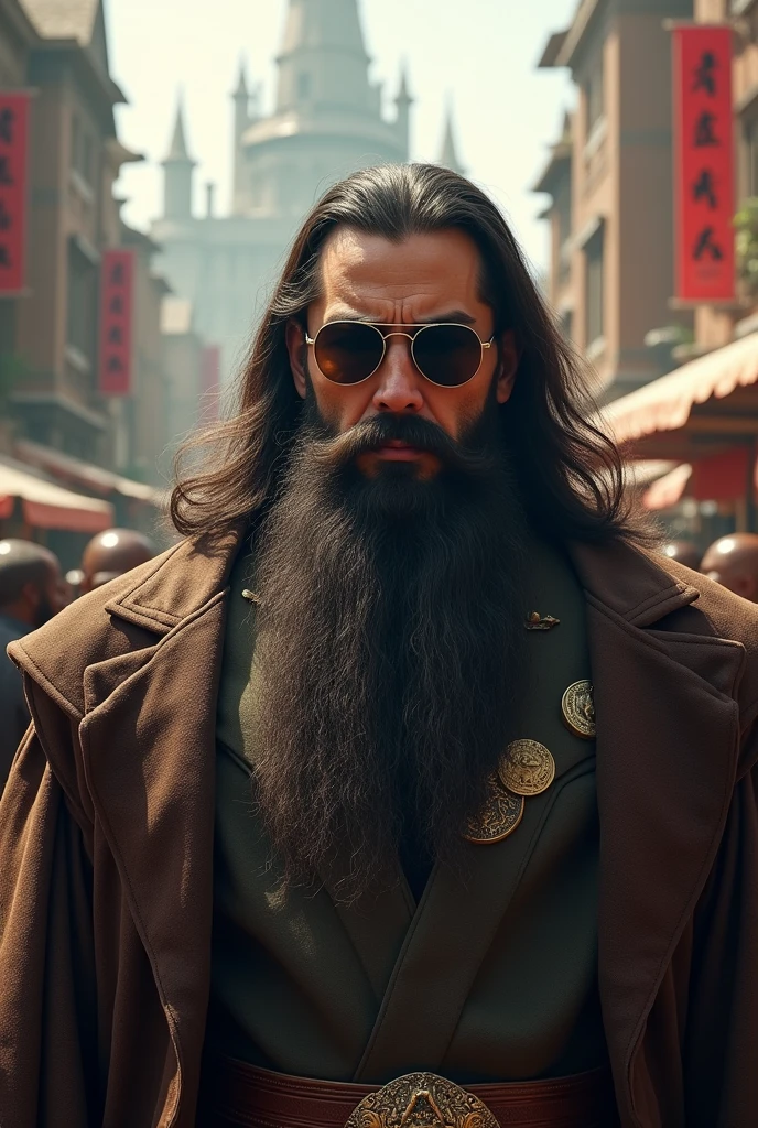Most powerful village he have beard long hair and wearing sun glasses