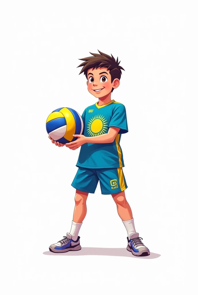 ((officially)) ((masterpiece)) ((Best quality)) ((detailed)) cartoon boy volleyball player with ball in uniform with emblem flag of Kazakhstan on white background