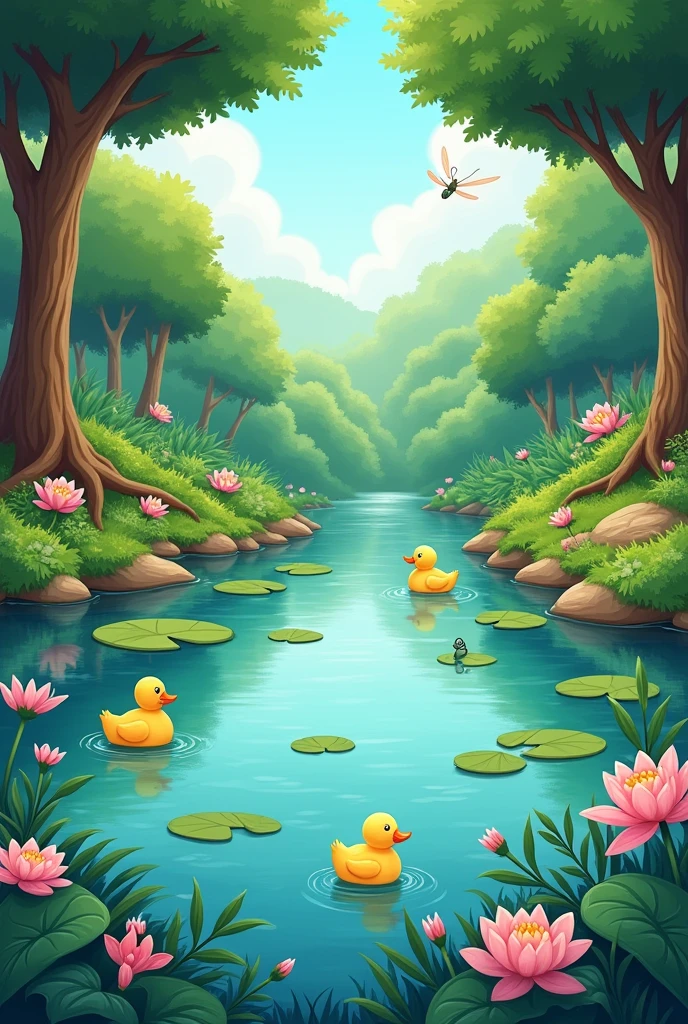 A beautiful pond in 2d cartoon