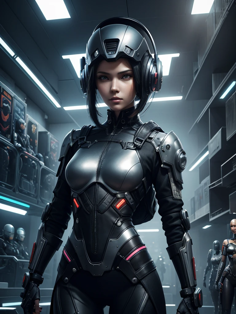 A woman wearing a helmet stands in front of a group of mannequins, cyberpunk art by Jim Burns, cgsociety, retrofuturism, daz3d, PS1 graphics, Dystopian Art