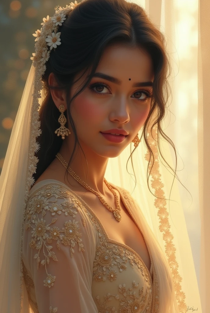 A dreamy style art of an Indian bride with a black mole on her chin