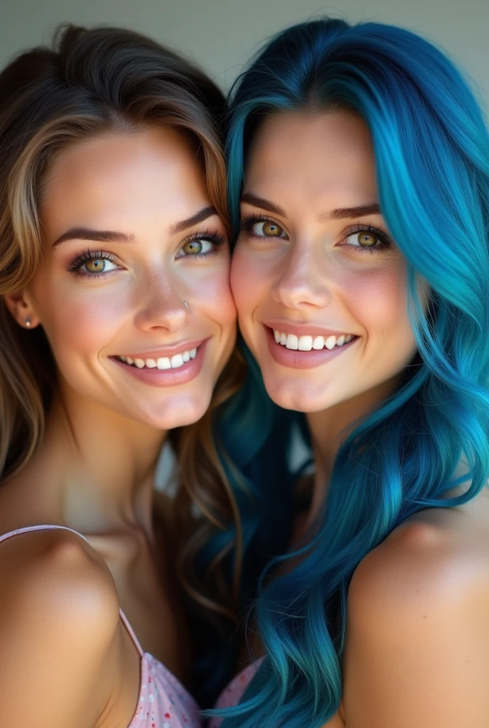 Color portrait of a beautiful 2 woman, clear brown eyes, Long hair, blue hair, White skin, looking at the camera smiling 