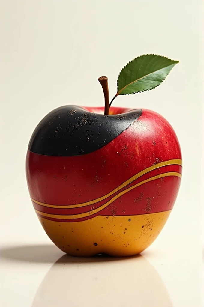 Create an image of an apple designed with the colours and patterns of a Germany footballer’s jersey. The apple should feature the black, red, and gold colour scheme typically associated with the German national team. Incorporate subtle details such as stripes or patterns that mimic the jersey design, while maintaining the fruit's natural shape and texture."