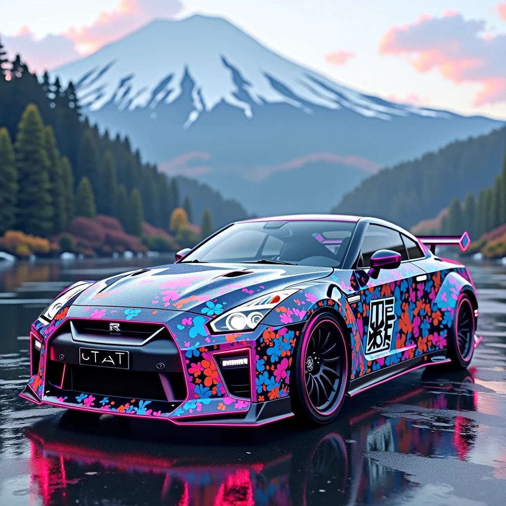 Drawing a NISSAN GTR decorated in a 2000s style with a Japanese landscape view.