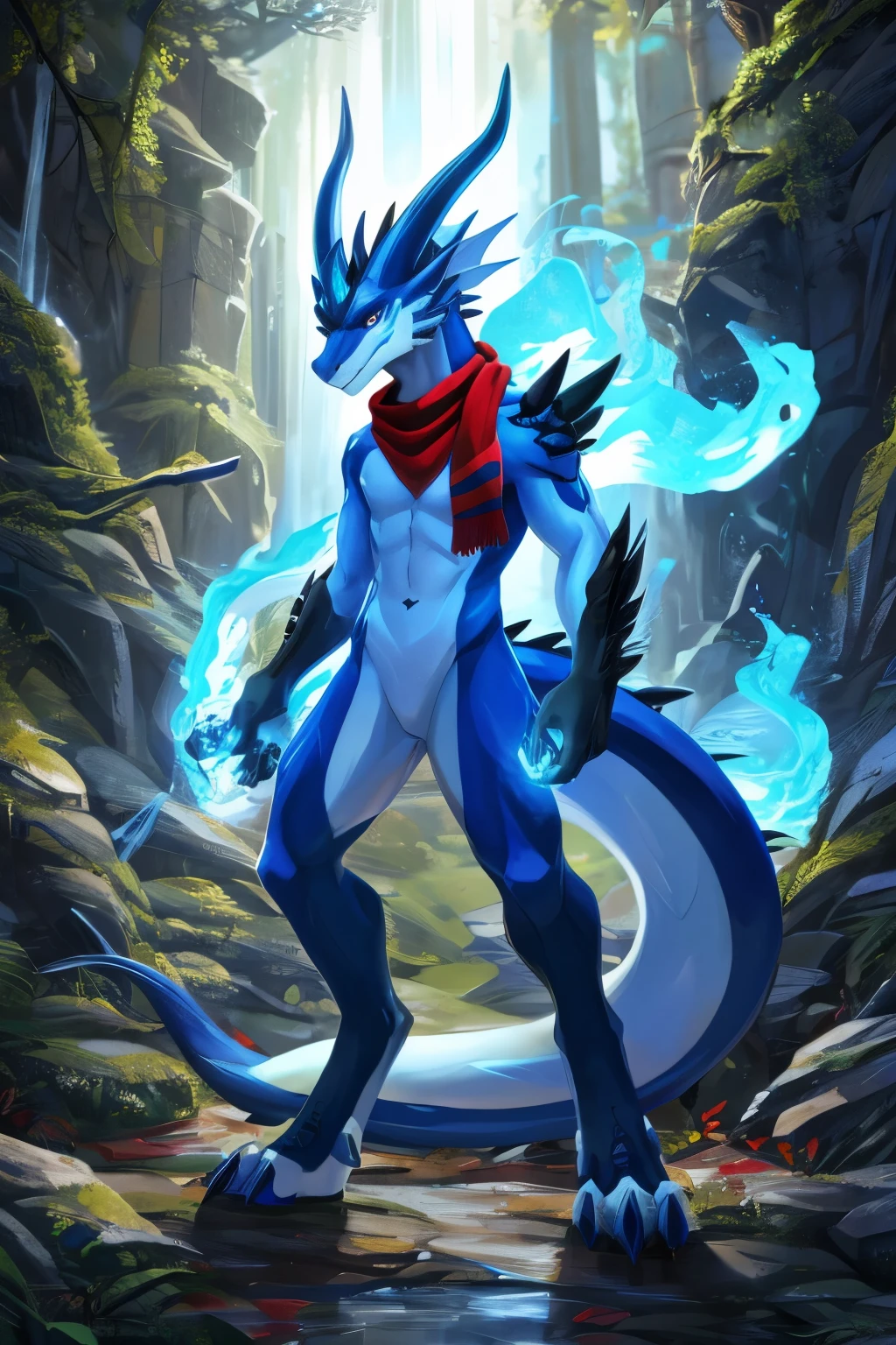 (anime), (front facing), (looking at the camera), slim furry white and blue dragon using blue fire magic, white main body color, (red, black and cyan undertones), spikes, very long muzzle, neck and tail fur, digitigrade, colored body markings, creative horns, feathers, gradients, (wearing only a scarf), body markings nature background, full body