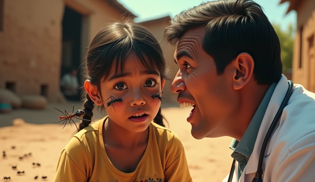 Create a YouTube thumbnail with dimensions 1280 x 720 pixels. The scene is set in a rural, impoverished environment with a background of dusty, earthy terrain, suggestive of a field or a simple medical setup in a South American or Indian context. The background should be slightly blurred to emphasize the main subjects.
Main Elements:
Young Girl: A close-up of a young girl's face, showing her ear where several large ants are visible. The girl should look uncomfortable or surprised.ñ, sacred, crying Ensure her skin tone and features reflect South American or Indian heritage.
Medical Professional: Depict a doctor or medical worker, also reflecting South American or Indian heritage, with an exaggerated expression of shock or concern worry and scared . The doctor is leaning towards the girl's ear, inspecting it carefully. The doctor should be dressed in simple, practical medical attire, suitable for a rural setting (e.g., a white coat or traditional attire).
Setting Details: The background should have elements that suggest a simple, makeshift medical environment in a rural area—dusty ground, perhaps a basic medical setup like a small table with medical tools, or a rudimentary clinic setting. The environment should look impoverished but not overly dramatic, to keep the focus on the main subjects.
Visual Style:
Use vibrant colors to make the ants and the expressions stand out against the muted, earthy background.Ensure the ants are clearly visible and detailed to attract attention.The focus should be on the interaction between the girl and the doctor, with the background serving as a contextual but not overpowering element.
Real persons please
This prompt will create a compelling and visually engaging thumbnail that highlights both the medical situation and the setting, drawing viewers into the story.