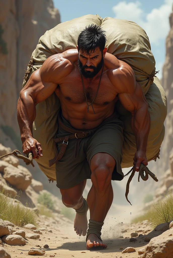 A realistic images of a man carrying dragging a load but not giving up