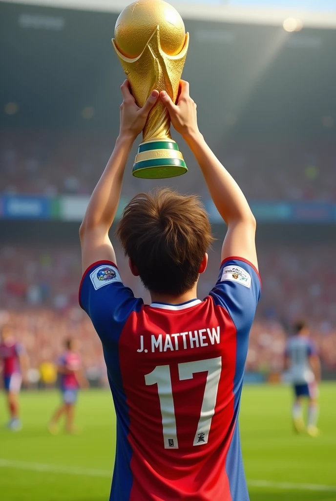 A teenager with the world cup, with the Costa Rica shirt, with the name J.MATTHEW and number 17 with wavy hair 