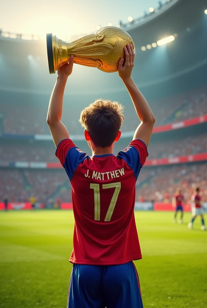 A teenager with the world cup, with the Costa Rica shirt, with the name J.MATTHEW and number 17 with wavy hair 