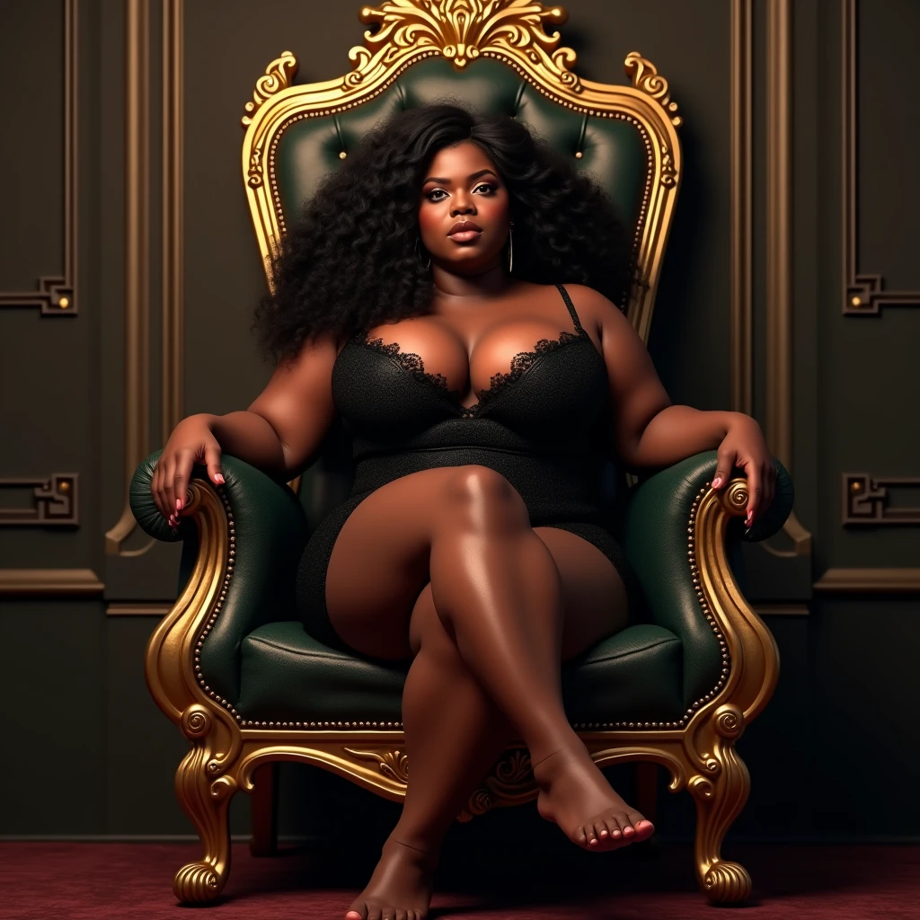 (photorealism:1.2 plus size dark skin ebony melanin curvaceous woman exuding power and authority with a findom persona sitting in throne chair full view f body and beatiful teet and toes