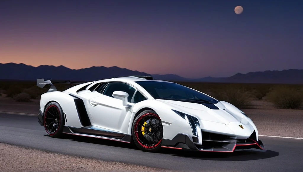 Lamborghini veneno, car, white aura, road, night, desert, moon, fast, nitrous, neon white