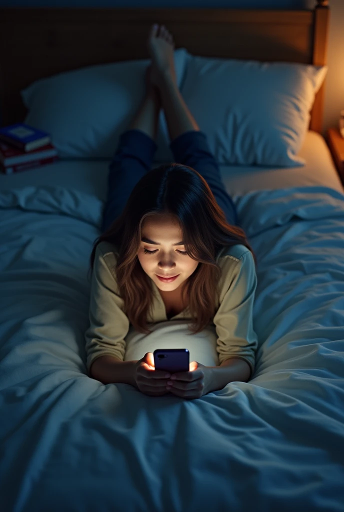 (photorealism:1.2), top view, normal room with dim light, laying on bed on her stomach using smartphone, hair slightly covering her face, dim light room, some books beside her, relaxed pose