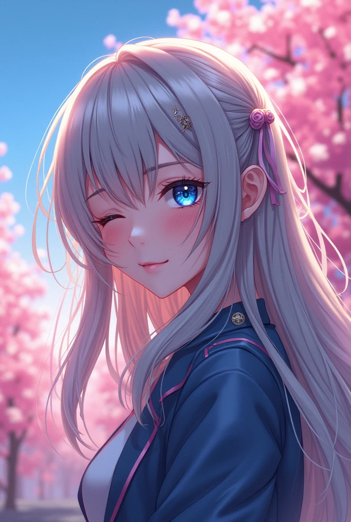 ultra-detailed, 8k, Beautiful Face, One girl, Alisa Mikhailovna Kujo,Tomorrow, my friend, Arya-san, will be visiting Russia.,alone, ((Anime style background)),masterpiece, Highest quality, AI-generated, Complex,High resolution, Highest quality, super high quality,3D Images、3D Images, (Brighten your face), so beautiful,Latest, Complex details, Long Hair, Eyebrows visible through hair, Hair between the eyes, Silver Hair, Hair Ribbon, blue eyes, (Colorful eyes), (Shining Eyes), Medium chest, ,Long sleeve, Jacket,
View your viewers, Upper Body, Dutch Angle,Mouth closed, Close one eye, A light smile,
Highest quality, so beautiful, Absurd,