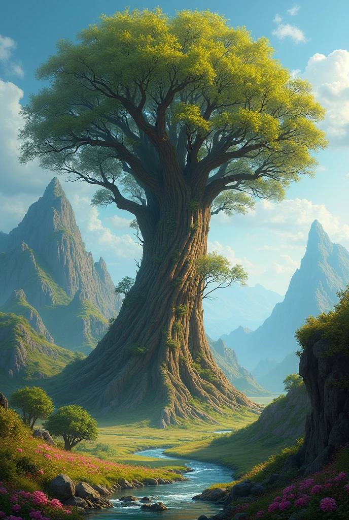 full tree, dry tree, vibrant colors, middle earth fantasy