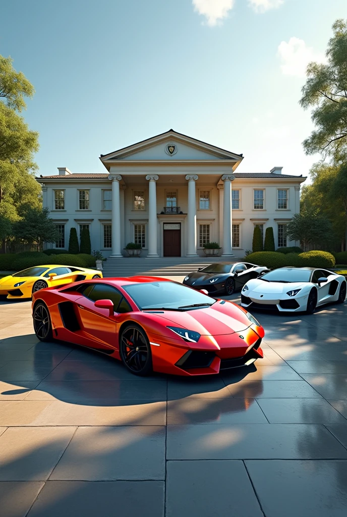 with 5 Lamborghini and also in background big house some realistic feel