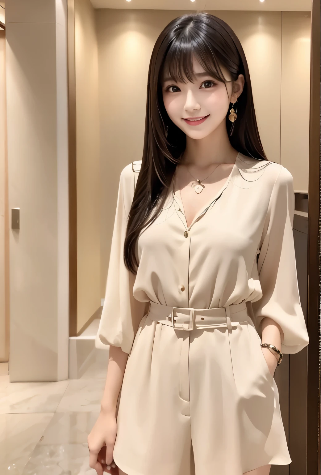 masterpiece、Highest quality、whole body、One Girl、bangs、Japanese、Long Black Hair、Long Hair、smile、alone、brown、Stylish woman、pastel colored outfits、front、Luxury background elements、Confident expression、Modern and trendy、Fashion focus