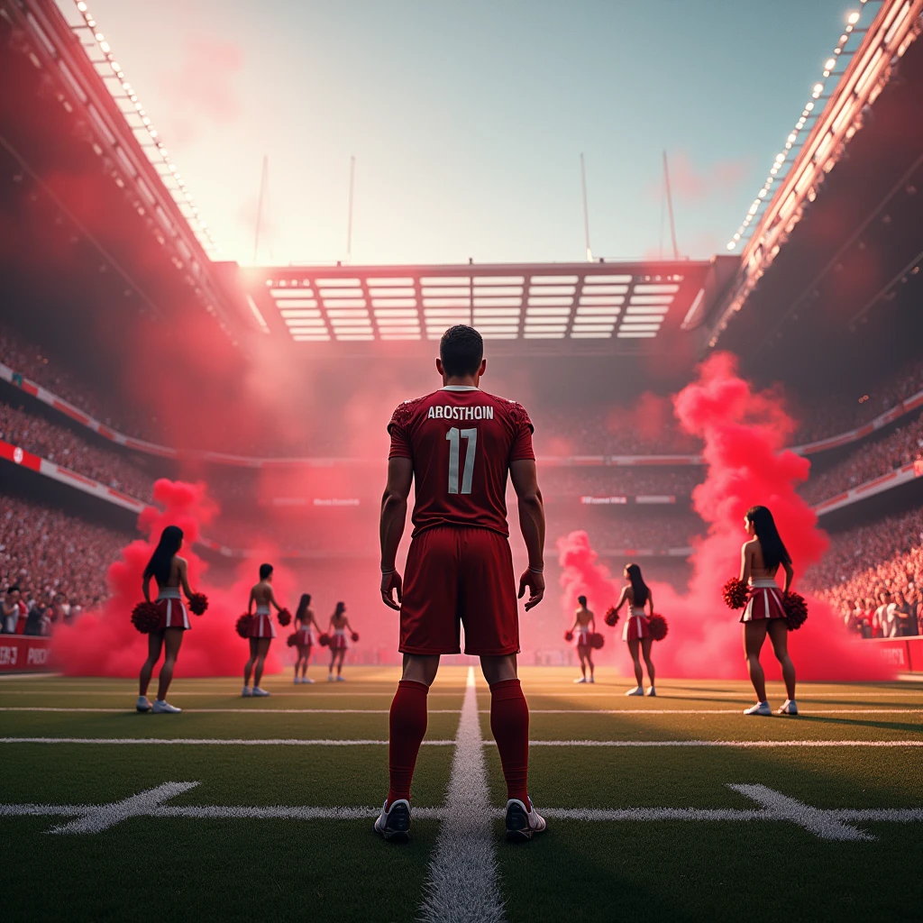 Create a view of the inside of a football field, Un joueur regardant la foule, Realistic Cheerleading, Drapeaux rouges, Red Smoke Bombs, grand drapeau rouge