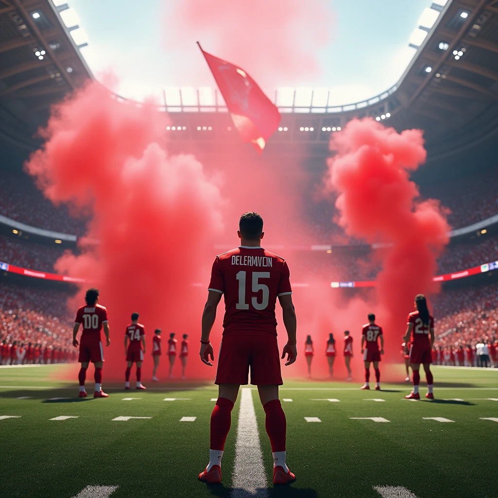 Create a view of the inside of a football field, Un joueur regardant la foule, Realistic Cheerleading, Drapeaux rouges, Red Smoke Bombs, grand drapeau rouge