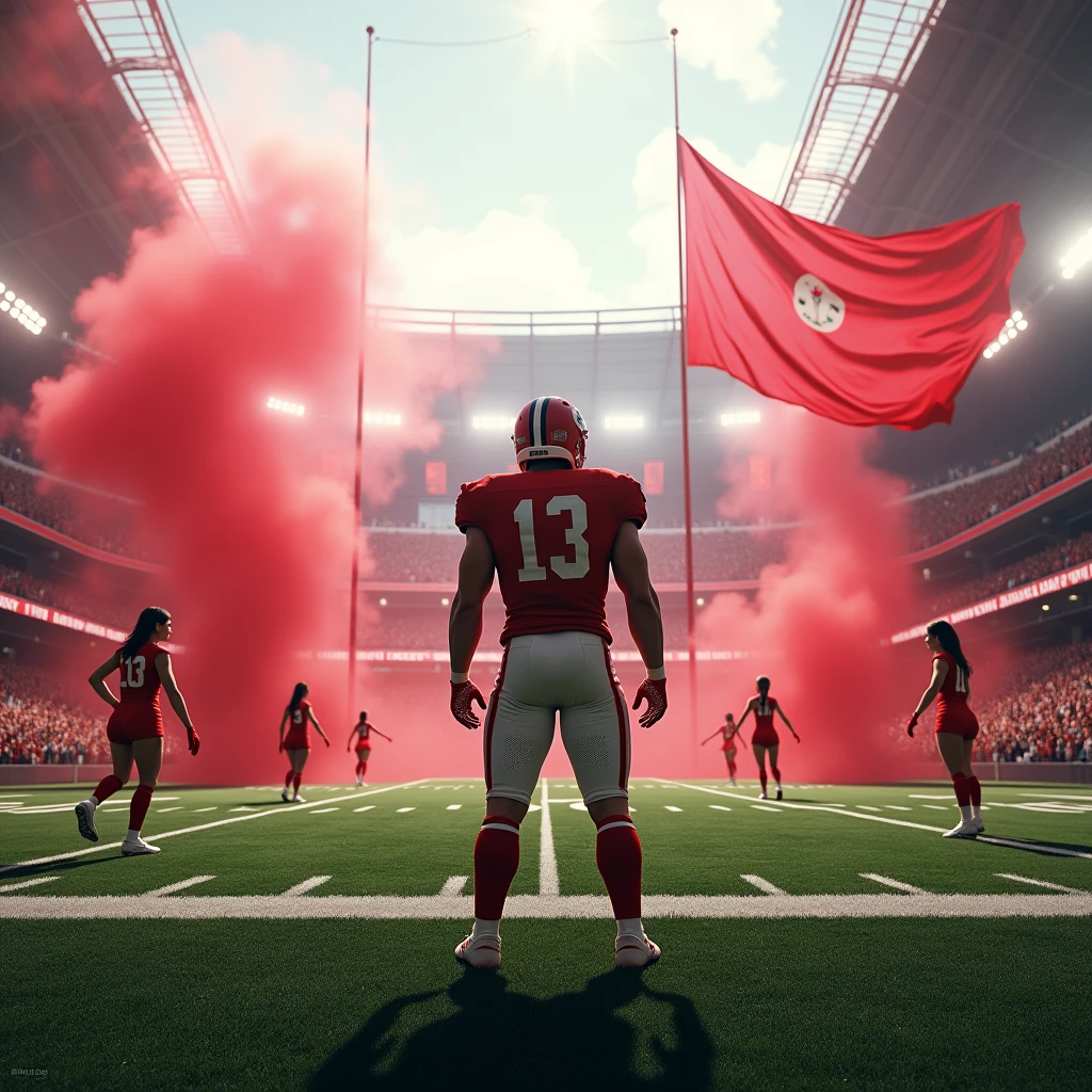 Create a view of the inside of a football field, Un joueur regardant la foule, Realistic Cheerleading, Drapeaux rouges, Red Smoke Bombs, grand drapeau rouge