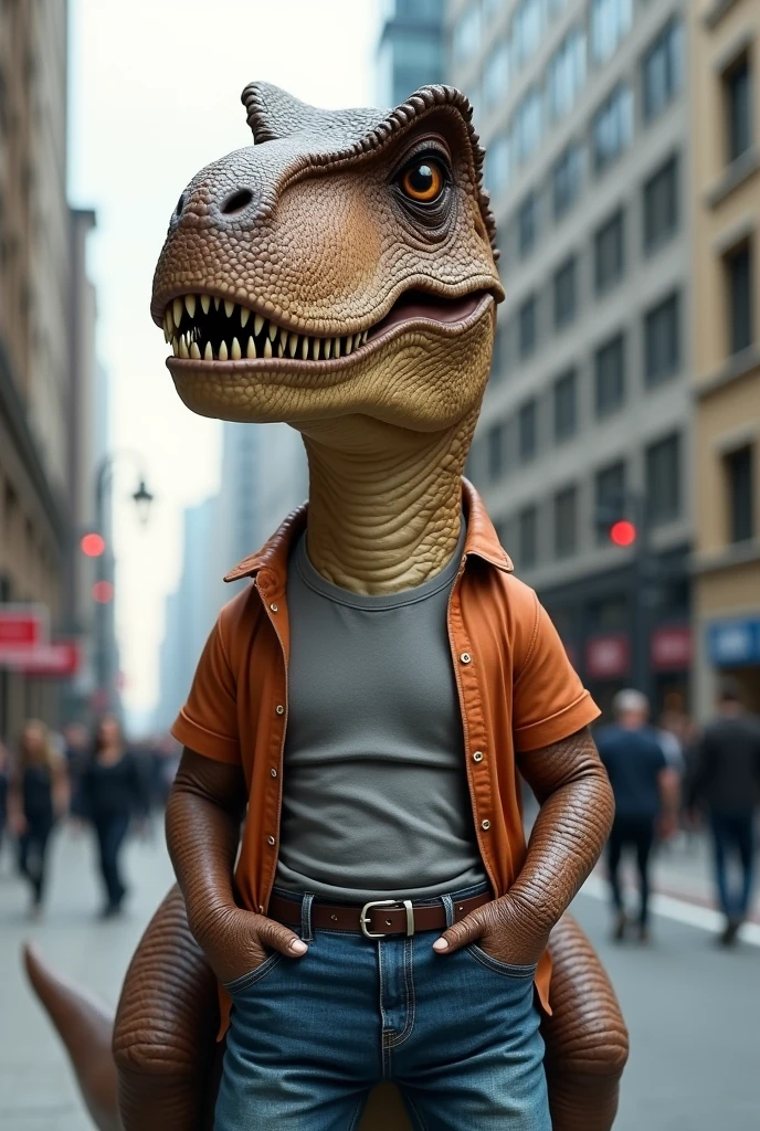 Dinosaur wearing a T-shirt with real jeans as in real life