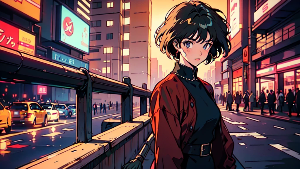 Kiki the Witch's Delivery Service、Red ribbon on the head、Dress is a black one-piece、Standing in the neon-lit city at night with a broom