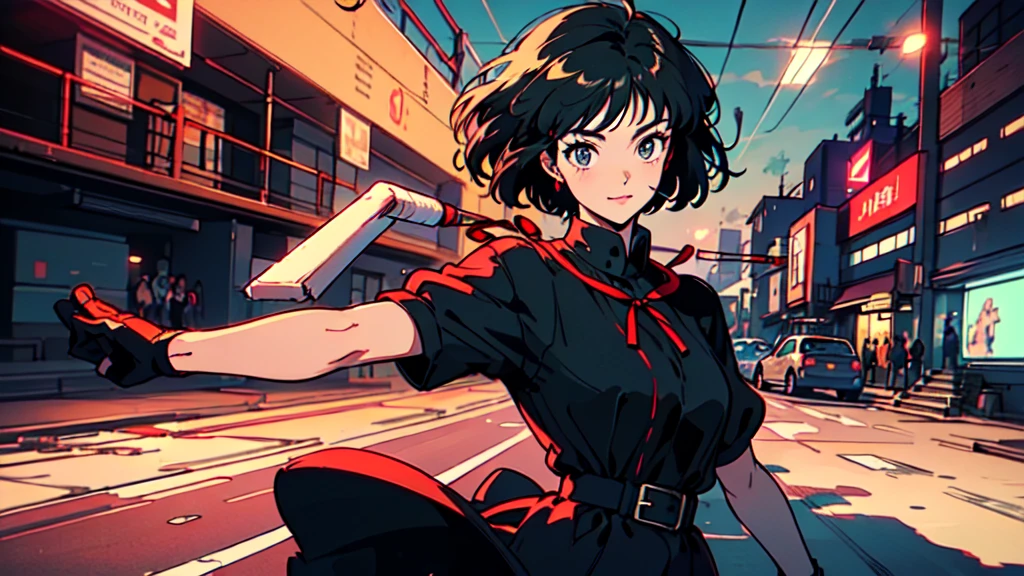 Kiki the Witch's Delivery Service、Red ribbon on the head、Dress is a black one-piece、Standing in the neon-lit city at night with a broom