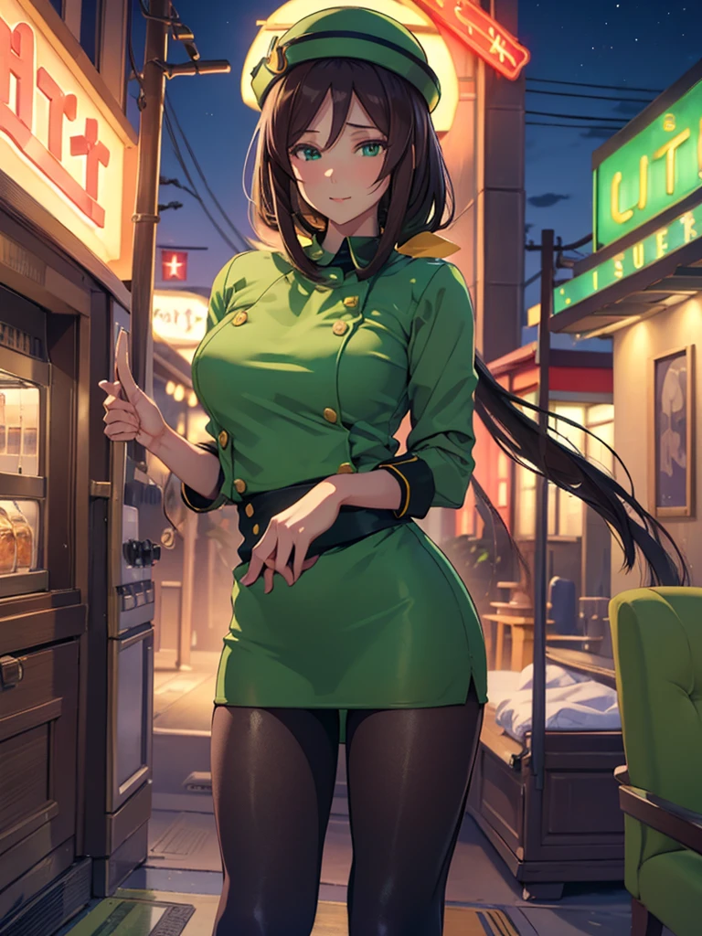 (​masterpiece、top-quality、hight resolution、Unity 8k、extremely details CG:1,Best Picture), hayakawa tazuna, low ponytail, green headwear, green jacket, green skirt, pantyhose, "A porn star standing outside, pointing towards a motel with a playful yet suggestive expression. She is dressed in casual yet revealing attire, emphasizing her confident and flirtatious demeanor. The background features the motel's neon sign, and the scene is set during the evening, with the star's posture and gesture inviting the viewer's attention towards the motel." open jacket