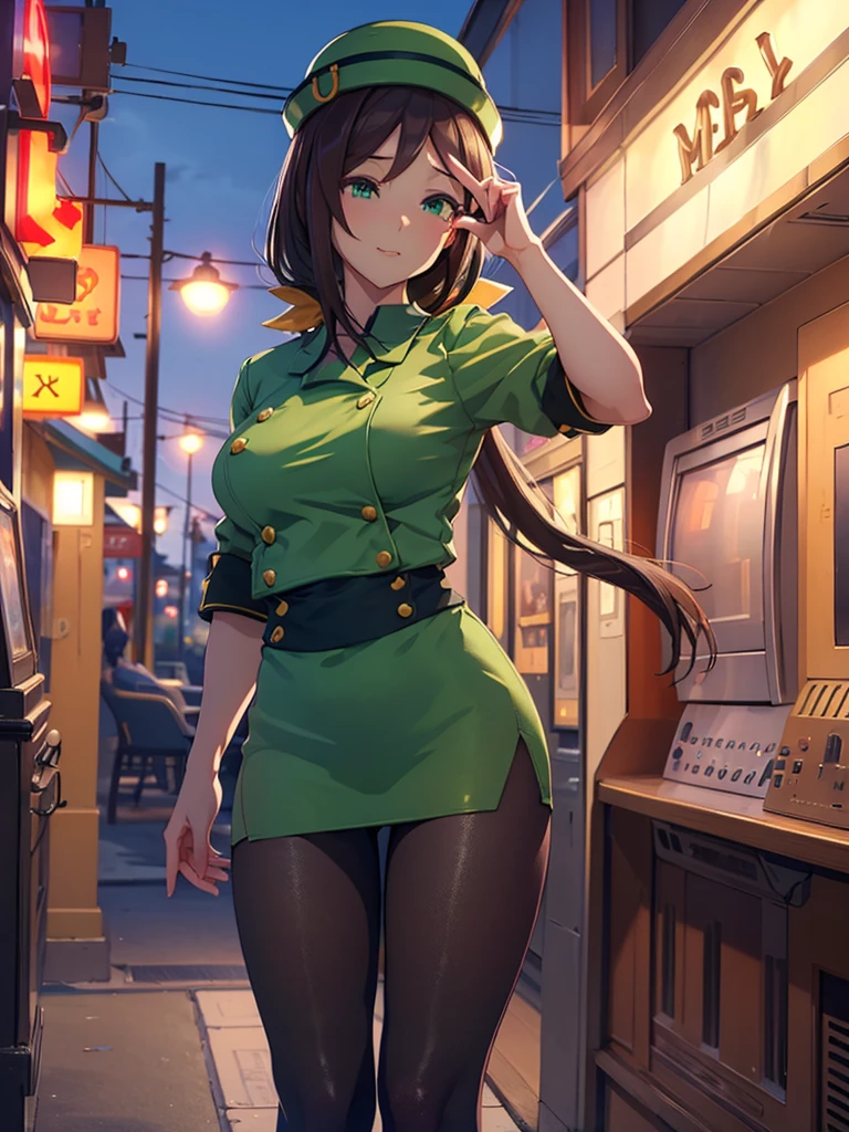 (​masterpiece、top-quality、hight resolution、Unity 8k、extremely details CG:1,Best Picture), hayakawa tazuna, low ponytail, green headwear, pantyhose, "A porn star standing outside, pointing towards a motel with a playful yet suggestive expression. She is dressed in casual yet revealing attire, emphasizing her confident and flirtatious demeanor. The background features the motel's neon sign, and the scene is set during the evening, with the star's posture and gesture inviting the viewer's attention towards the motel."