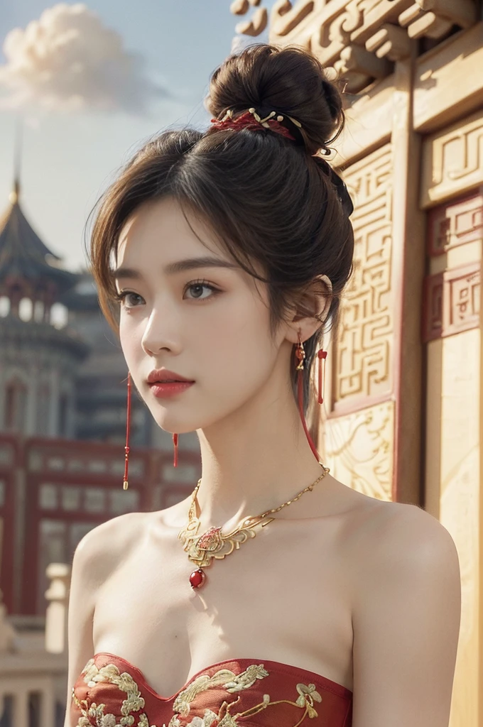 (((best quality))),(((ultra detailed))),(((masterpiece))),illustration,((1 beautiful girl,solo)),(neat bun:1.2),(fair skin:1.3),((slim,thin)),((earrings,necklace)),((small breasts,flat chest)),(bright almond-shaped eyes:1.3), graceful and elegant aura,(strapless gorgeous exquisitely embroidered red bra:1.5),gold trimmings,(ancient Chinese city scape:1.3),(on spacious square:1.3),(outside the towering magnificent palace-like castle:1.3),(outdoor:1.3),gold trimmings,intricate carvings, delicate decorations,((clear sky, fluffy clouds)), warm sunlight, crisp refreshing breeze, serene expression, peaceful atmosphere, surrounding beauty,((vibrant October,autumn)),((from front,close-up of face))