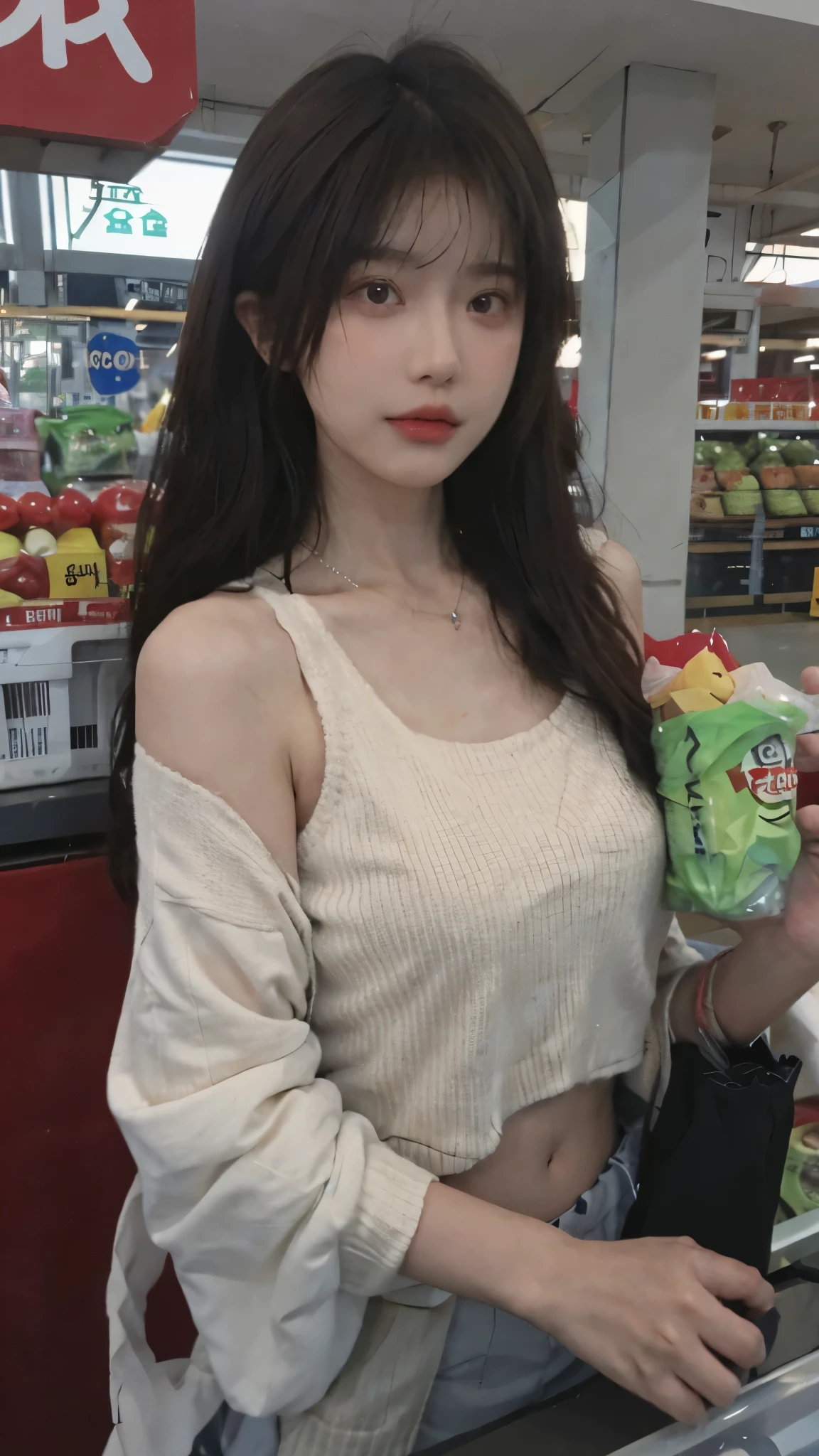 Best quality，Ultra-high resolution，(Realism:1.4)，Cute hairpins，Baoyu Girl，1 Girl，Red short sweater，Beautiful woman with a slim figure:1.4，Abdominal muscles:1.1，(Brown hair，Mid-chest:1.3)，supermarket，Super delicate face，Exquisite eyes，Double eyelids，make faces，necklace