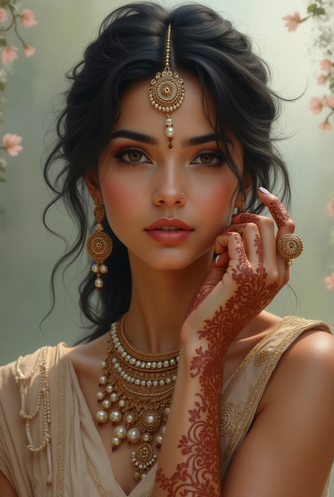 A dreamy style art of an Indian bride with a black mole below lips on left side of chin