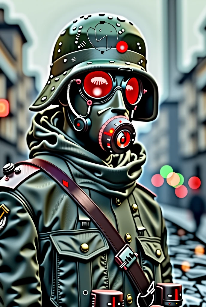 A world war 2 german soldier with futuristic gas mask glowing red goggles face sided 