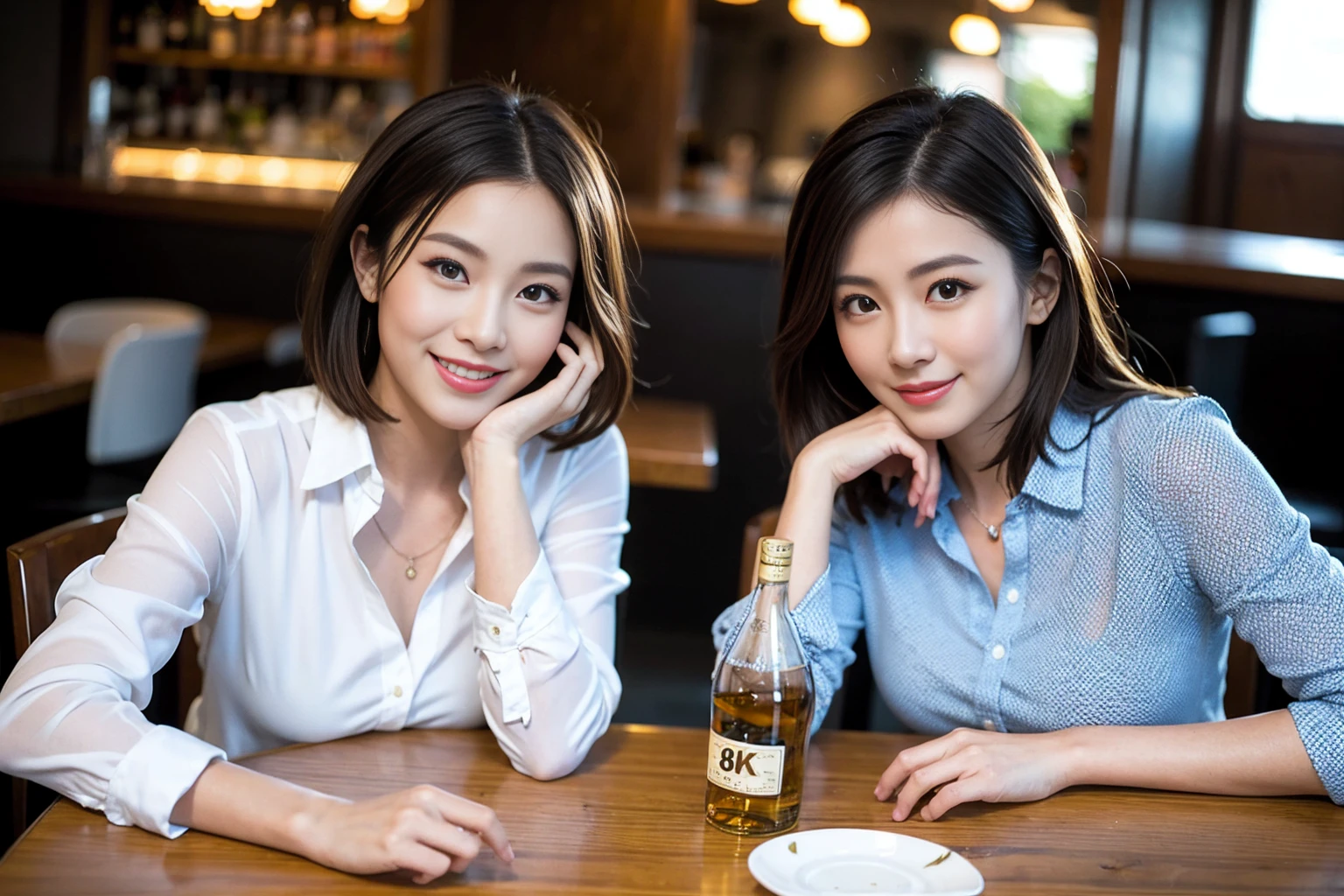 ((Highest quality、8k、masterpiece:1.3))、Whiskey bottles、The Macallan、Joni Black、Old Parr、whiskey、Suntory、Nikka、slimカップル、modelカップル、(Realistic, Intricate details:1.2), full-course dinner、Whiskey bottle and glass on the table、Single Malt、scotch、Rocks glass、Shot Glass、On the rock、Scotland、Amazing view of the sunset sky and clouds、A bright smile、The wonderfulness of smile、 Beautiful Face, blue eyes, The light shines on your face, blush, short hair,Bright Face、 (Age 37), 3,Two beauties、Brown Hair、Shortcuts、Long sleeve shirt、dress、Beautiful woman 1, (slimな顔), (The body is slim), (Brown Hair), (Shortcuts), cheeks turn a little red,Attractive beauty、restaurant, In a prominent place (From the waist up) Nova Frog Style, actress, model, Upper Body, White wine, slim, smile, (smile: 1.15), Beautiful fine grain, Depth f/2,saturation, High Contrast, Strong light and shadow,Moist Body:1.5、3D texture、Delicate eyes、Brown Hair、The hair is very shiny、