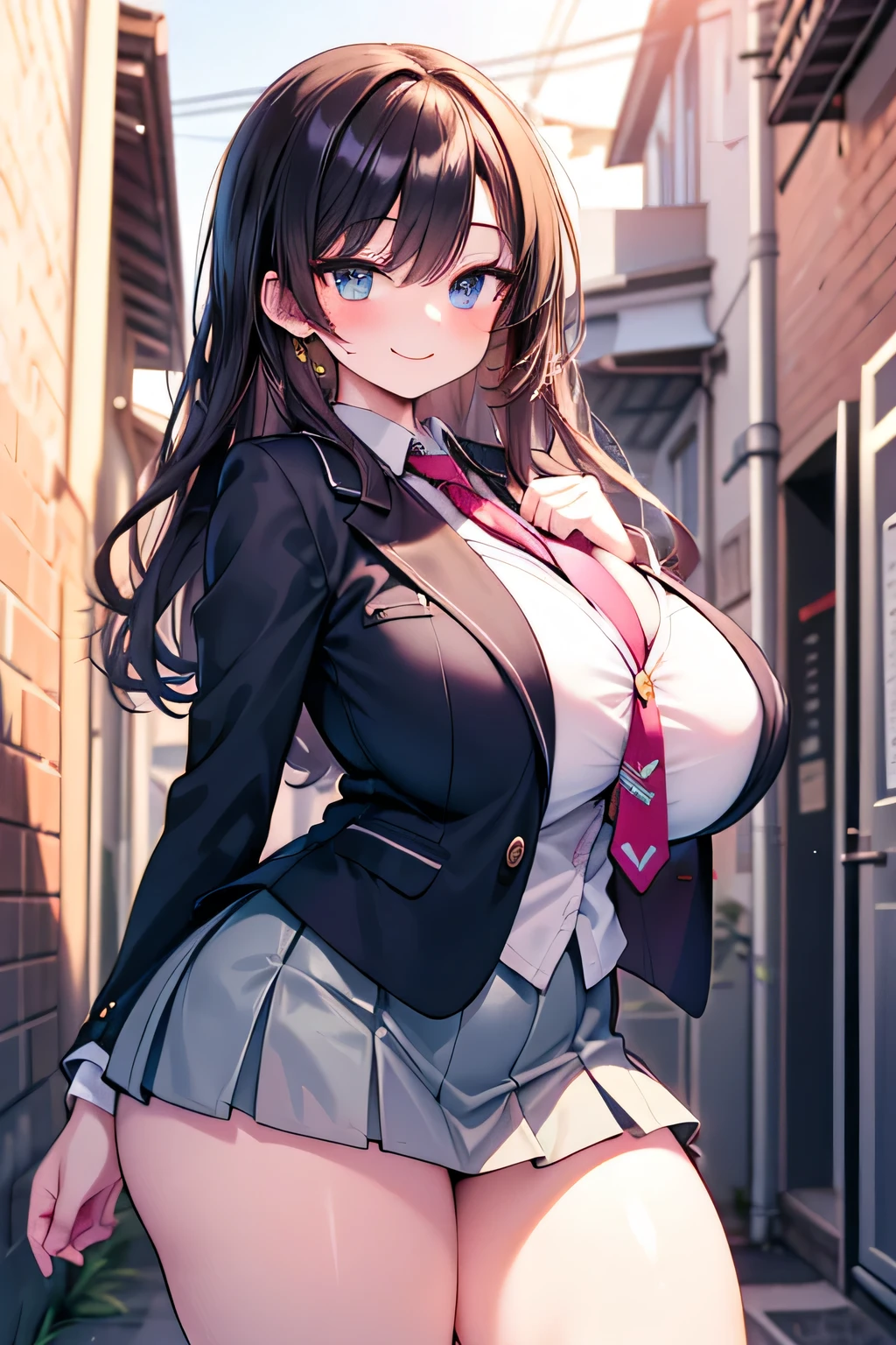 Anime illustration、High resolution、smile、A busty high school girl with huge breasts shows off her charms in a blazer in an alley at dusk、Ribbon tie、mini skirt、Perfect proportions、Cowboy Shot、Plump thighs、Sharp Eyes、Sweaty