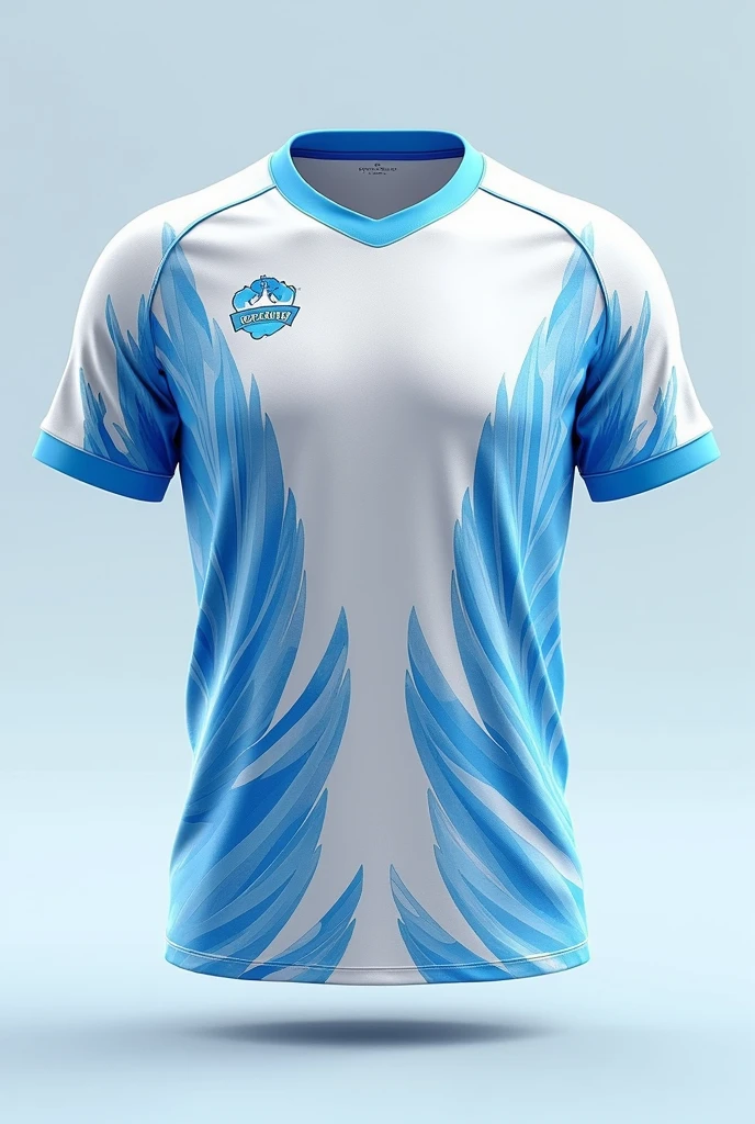 Create a jersey design with following ideas
 Base Color: White with Light Blue Accents
Design Elements:
Blizzard Effect: Create a dynamic design with swirling patterns resembling a snowstorm or blizzard, using light blue and silver streaks across the jersey.
Feathered Patterns: Integrate feather-like patterns along the sides of the jersey, starting from the armpits and extending downwards, resembling the wings of Articuno.
Accents:
Holographic Elements: Use holographic or iridescent material for the team logo, numbers, and any Articuno references to create a shimmering effect as the jersey moves.
Cool-Tone Piping: Use cool tones like light blue or silver for piping along the sleeves and collar to maintain the icy theme.