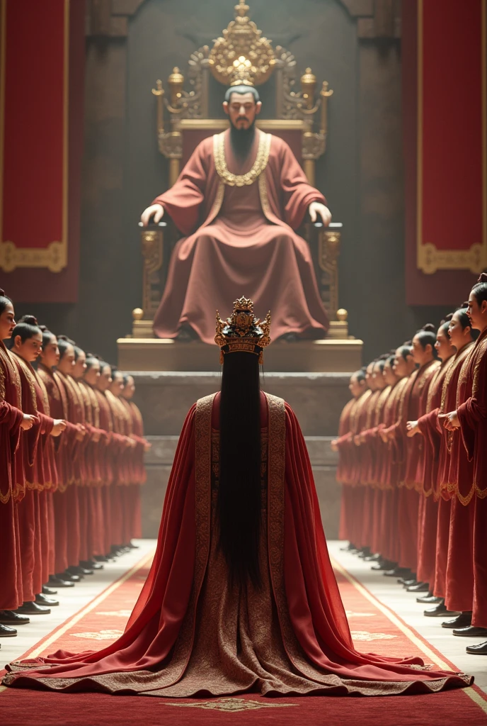 A princess in full Tang Dynasty regalia, dressed in dark red and brown, stands in front of the emperor's throne, kneeling to receive the imperial edict. The officials behind her are lined up in rows.
