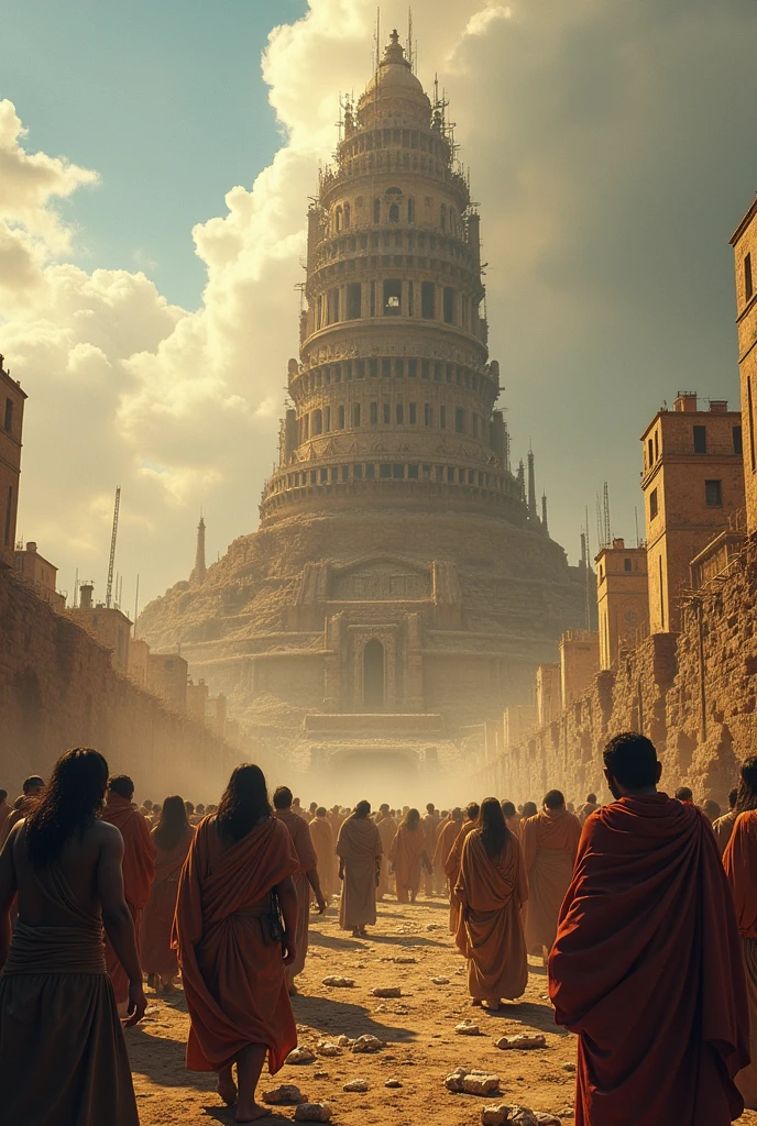 God confuses the language of the people, no one can understand what the other says, and each goes in a different direction, the people scatter and the construction of the Tower of Babel is half completed.