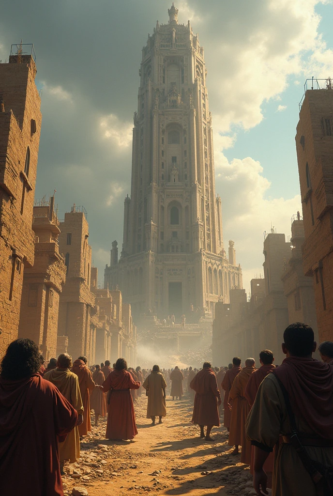 God confuses the language of the people, no one can understand what the other says, and each goes in a different direction, the people scatter and the construction of the Tower of Babel is half completed.