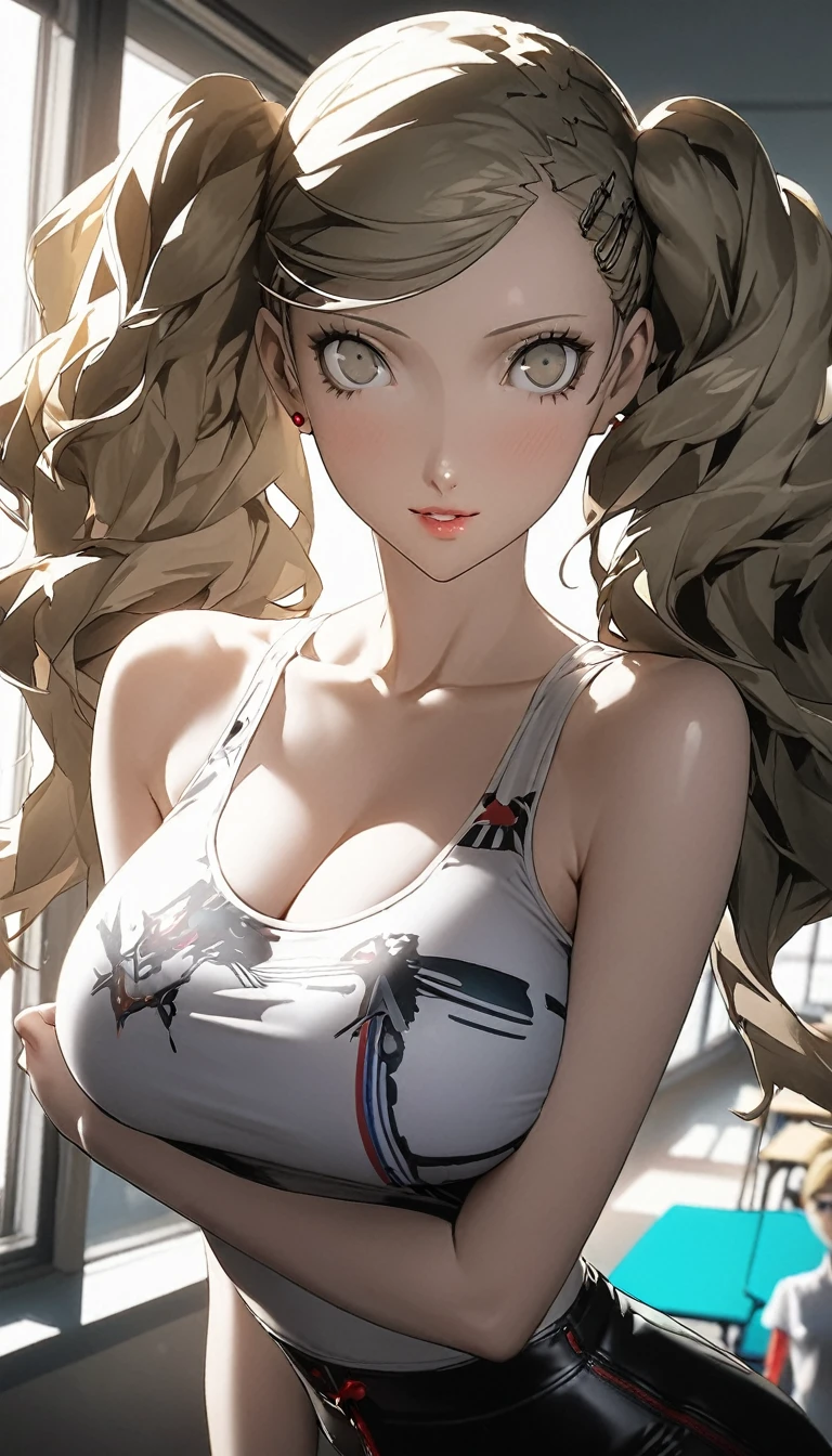 ((((Persona:1.8)))), (1girl), Long Hair, Blonde, ((青colorの目:1.5)), twintails, big hair, swept bangs, 笑face, ((tanktop shorts)), classroom, break looking at viewer, (cowboy shot), break (masterpiece:1.2), Highest quality, High resolution, unity 8k wallpaper, (figure:0.8), (beautiful細部までこだわった目:1.6), 非常に詳細なface, Perfect lighting, Highly detailed CG, (Perfect hands, Perfect Anatomy), (Vibrant_color:1.2),Professional photos, ((beautiful_face:1.5)),(narrow_Waist),((character sprite, standing picture)),seductive smile,(perfect anatomy),((highly detailed beautiful face)), ((slender body, slim arms, lissome figure, slim body, willowy)), (((huge boobs:1, Cleavage))),((official art:1, Anime Art:1))