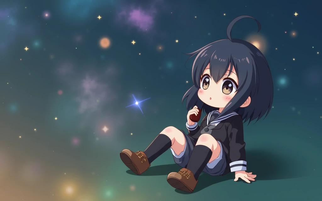 Chibi Rikka Takanashi on space, In the style of Makoto Shinkai。master piece, ultra detail, precision, ultra-realistic,