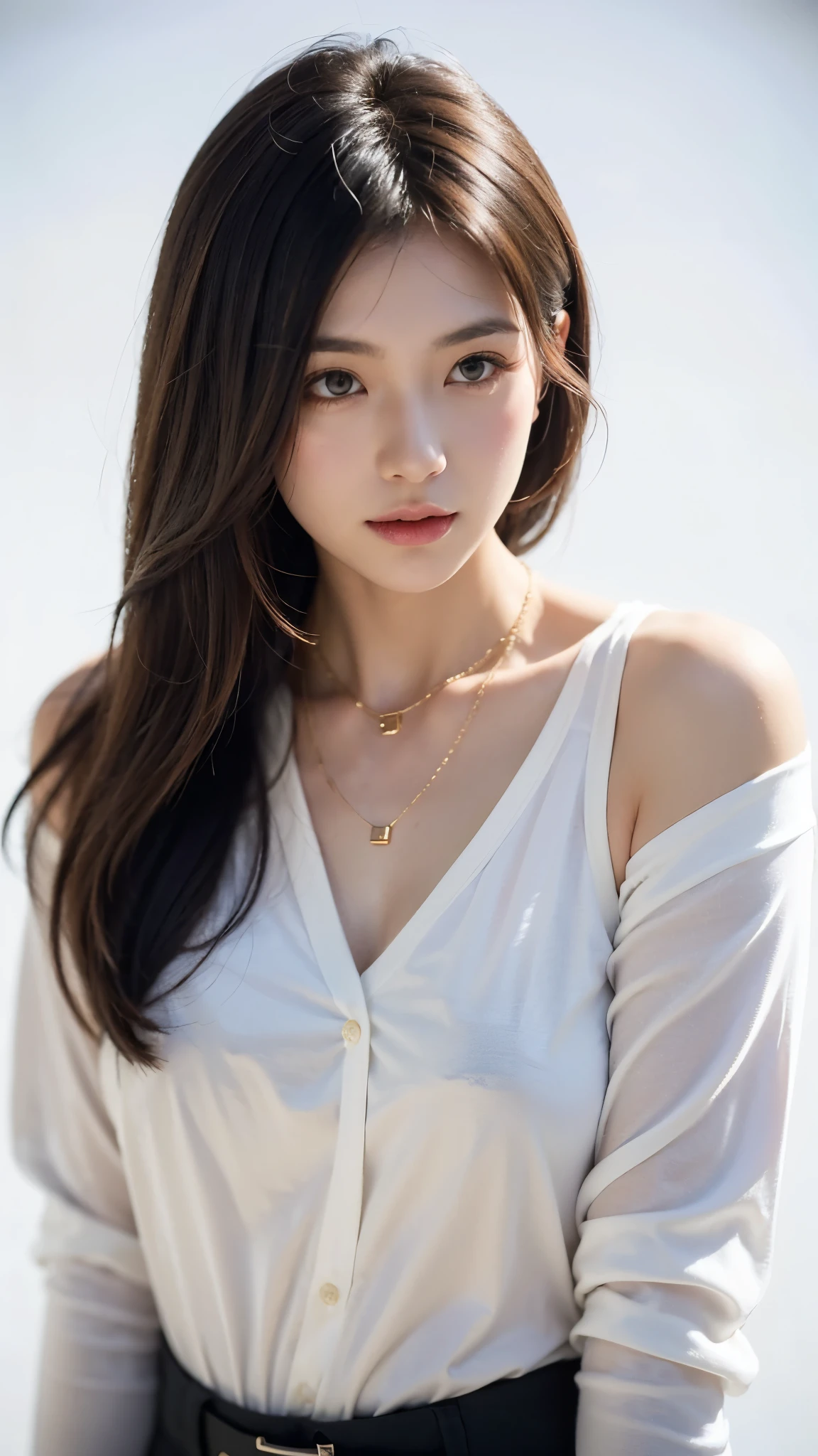 (Highest quality), (masterpiece), 8K, 32K Images of Beautiful Japanese Women, Shoulder-length hair. Image focuses on her upper body、The focus should be on the surface. She should wear a long-sleeved shirt and a necklace., Simple white background. Please take the photo from above, A combination of four different shots. The image must be 8K, with raw photo quality and should be a masterpiece. It should be realistic and photorealistic, With a weight of 1.37 for Photorealism. There should be a girl in the picture., Shot in natural light using photon mapping and physically based rendering. Keep the overall style girly, Excellent picture quality and 1080P high resolution. The girl's face is clean、The hands must be detailed, Includes masseter muscle area. The CG is rich in detail.、The image needs extremes of light and shadow。. The girl's hair should look dirty and the image should be a masterpiece with rich details and exquisite features. Draw the eyes in detail、The collarbone also needs to be drawn delicately.. The girl takes various poses、Don't look at the camera. Please take the image in landscape orientation, In front of a white wall or a white door, In a room with a window. Girls should wear spring clothes.
