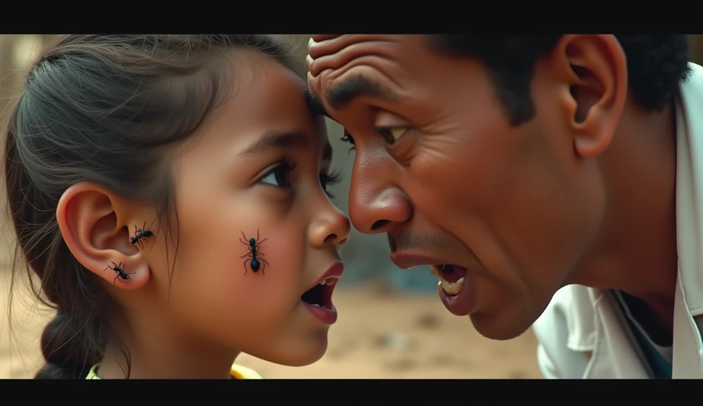 Create a YouTube thumbnail with dimensions 1280 x 720 pixels. The scene is set in a rural, impoverished environment with a background of dusty, earthy terrain, suggestive of a field or a simple medical setup in a South American or Indian context. The background should be slightly blurred to emphasize the main subjects.
Main Elements:
Young Girl: A close-up of a young girl's face, showing her ear where several large ants are visible. The girl should look uncomfortable or surprised.ñ, sacred, crying Ensure her skin tone and features reflect South American or Indian heritage.
Medical Professional: Depict a doctor or medical worker, also reflecting South American or Indian heritage, with an exaggerated expression of shock or concern worry and scared . The doctor is leaning towards the girl's ear, inspecting it carefully. The doctor should be dressed in simple, practical medical attire, suitable for a rural setting (e.g., a white coat or traditional attire).
Setting Details: The background should have elements that suggest a simple, makeshift medical environment in a rural area—dusty ground, perhaps a basic medical setup like a small table with medical tools, or a rudimentary clinic setting. The environment should look impoverished but not overly dramatic, to keep the focus on the main subjects.
Visual Style:
Use vibrant colors to make the ants and the expressions stand out against the muted, earthy background.Ensure the ants are clearly visible and detailed to attract attention.The focus should be on the interaction between the girl and the doctor, with the background serving as a contextual but not overpowering element.
not cartoon, real humans
This prompt will create a compelling and visually engaging thumbnail that highlights both the medical situation and the setting, drawing viewers into the story.
