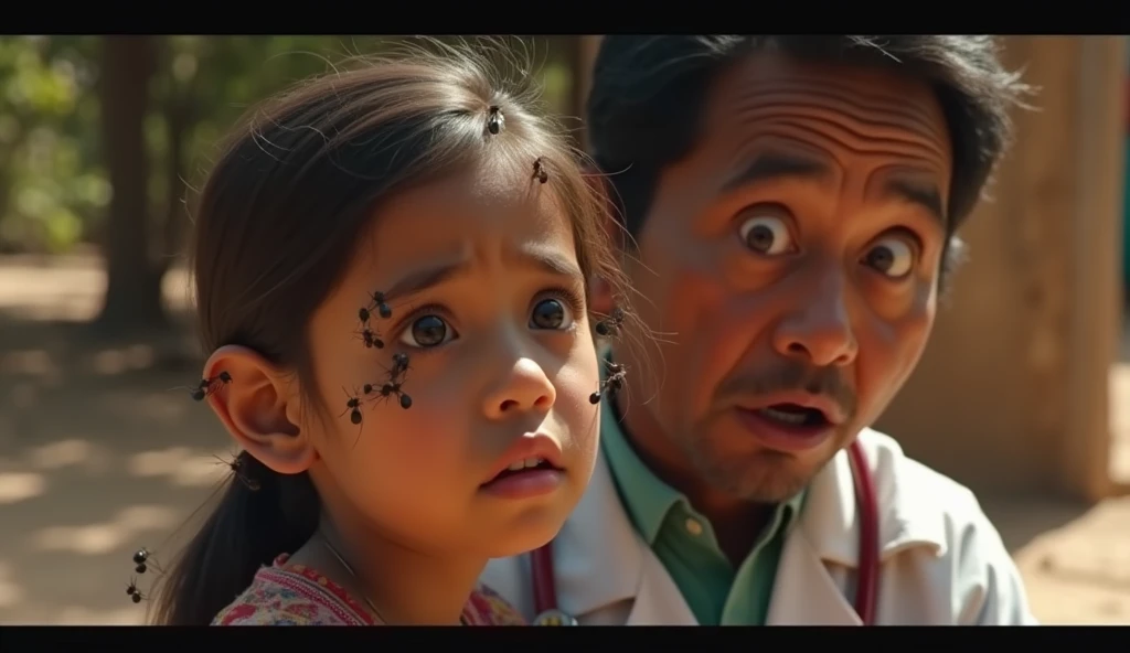 Create a YouTube thumbnail with dimensions 1280 x 720 pixels. The scene is set in a rural, impoverished environment with a background of dusty, earthy terrain, suggestive of a field or a simple medical setup in a South American or Indian context. The background should be slightly blurred to emphasize the main subjects.
Main Elements:
Young Girl: A close-up of a young girl's face, showing her ear where several large ants are visible. The girl should look uncomfortable or surprised.ñ, sacred, crying Ensure her skin tone and features reflect South American or Indian heritage.
Medical Professional: Depict a doctor or medical worker, also reflecting South American or Indian heritage, with an exaggerated expression of shock or concern worry and scared . The doctor is leaning towards the girl's ear, inspecting it carefully. The doctor should be dressed in simple, practical medical attire, suitable for a rural setting (e.g., a white coat or traditional attire).
Setting Details: The background should have elements that suggest a simple, makeshift medical environment in a rural area—dusty ground, perhaps a basic medical setup like a small table with medical tools, or a rudimentary clinic setting. The environment should look impoverished but not overly dramatic, to keep the focus on the main subjects.
Visual Style:
Use vibrant colors to make the ants and the expressions stand out against the muted, earthy background.Ensure the ants are clearly visible and detailed to attract attention.The focus should be on the interaction between the girl and the doctor, with the background serving as a contextual but not overpowering element.
not cartoon, real humans
This prompt will create a compelling and visually engaging thumbnail that highlights both the medical situation and the setting, drawing viewers into the story.