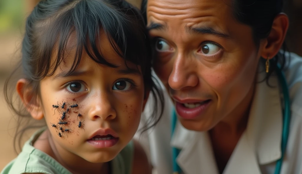 Create a YouTube thumbnail with dimensions 1280 x 720 pixels. The scene is set in a rural, impoverished environment with a background of dusty, earthy terrain, suggestive of a field or a simple medical setup in a South American or Indian context. The background should be slightly blurred to emphasize the main subjects.
Main Elements:
Young Girl: A close-up of a young girl's face, showing her ear where several large ants are visible. The girl should look uncomfortable or surprised.ñ, sacred, crying Ensure her skin tone and features reflect South American or Indian heritage.
Medical Professional: Depict a doctor or medical worker, also reflecting South American or Indian heritage, with an exaggerated expression of shock or concern worry and scared . The doctor is leaning towards the girl's ear, inspecting it carefully. The doctor should be dressed in simple, practical medical attire, suitable for a rural setting (e.g., a white coat or traditional attire).
Setting Details: The background should have elements that suggest a simple, makeshift medical environment in a rural area—dusty ground, perhaps a basic medical setup like a small table with medical tools, or a rudimentary clinic setting. The environment should look impoverished but not overly dramatic, to keep the focus on the main subjects.
Visual Style:
Use vibrant colors to make the ants and the expressions stand out against the muted, earthy background.Ensure the ants are clearly visible and detailed to attract attention.The focus should be on the interaction between the girl and the doctor, with the background serving as a contextual but not overpowering element.
not cartoon, real humans
This prompt will create a compelling and visually engaging thumbnail that highlights both the medical situation and the setting, drawing viewers into the story.