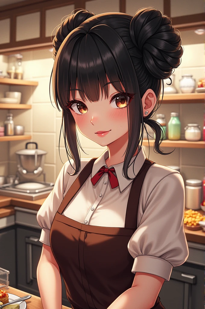 Female character oc from the manhwa Bizarre Restaurant, Black hair, amber eyes, white brown cream blouse, hairstyle with bangs, hair in a bun with a circular braid, pink lipstick not too bright but striking enough, white mary jane shoes, background cafe restaurant kitchen. 